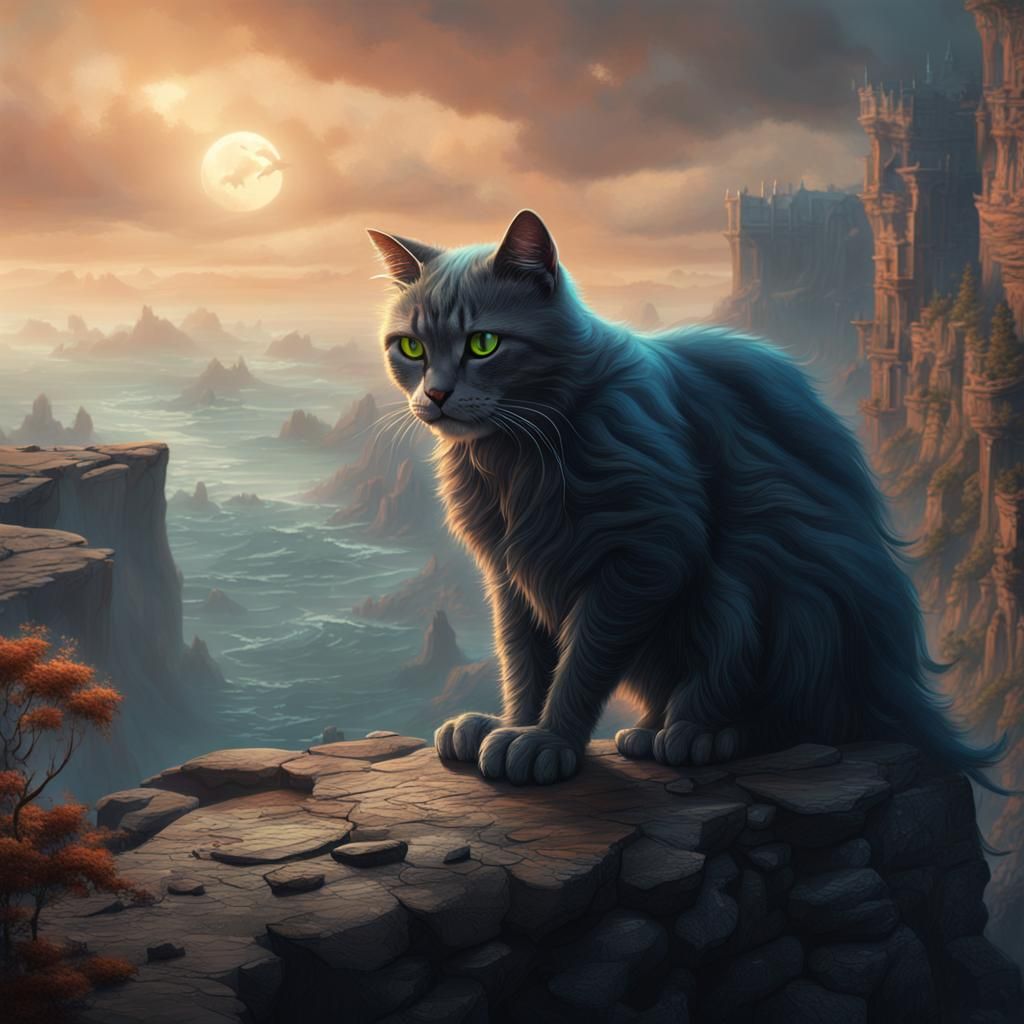 Sad Cat on a Cliff: Detailed Matte Painting