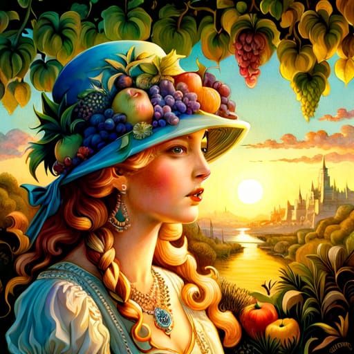 Fairytale Fruit Hat Portrait in Art Nouveau Style