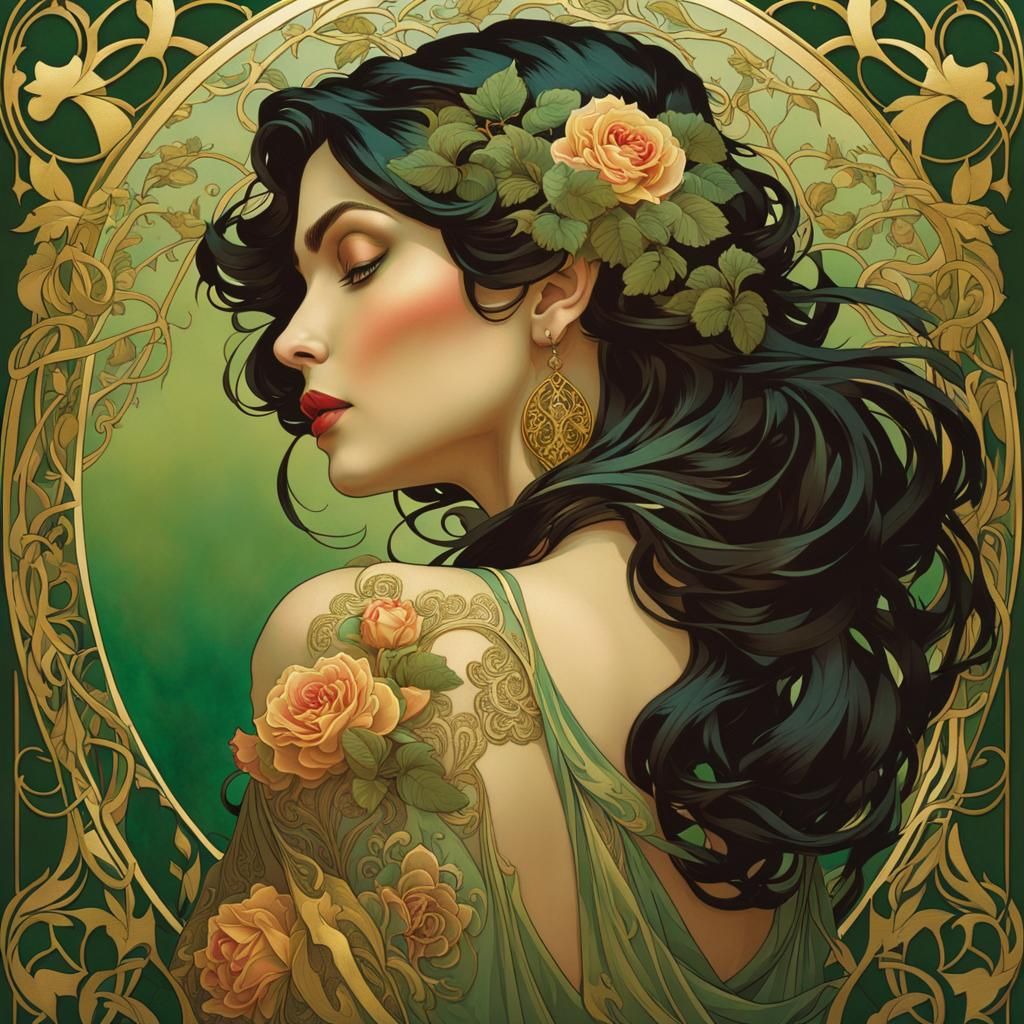 Woman with Rose Tattoo in Art Nouveau Style