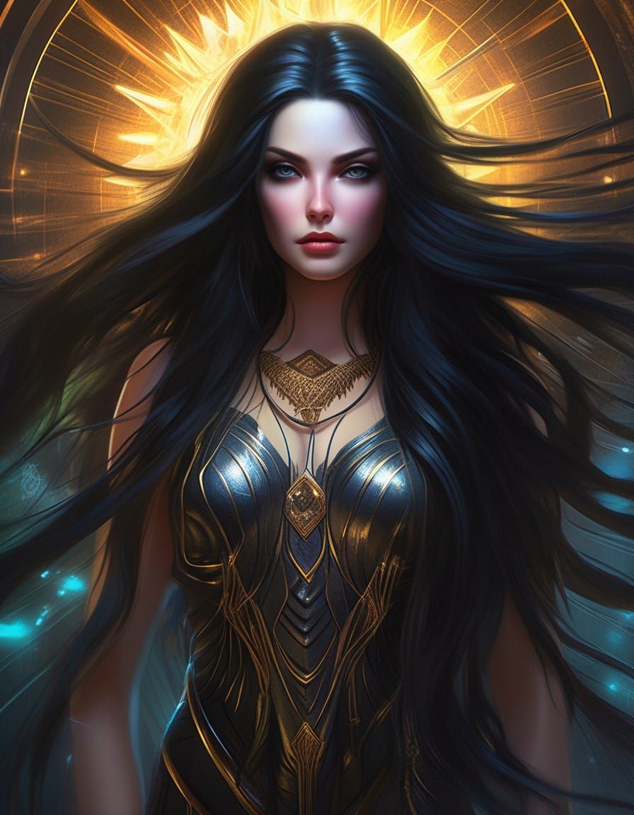 Sinister Goddess with Black Hair, Digital Illustration