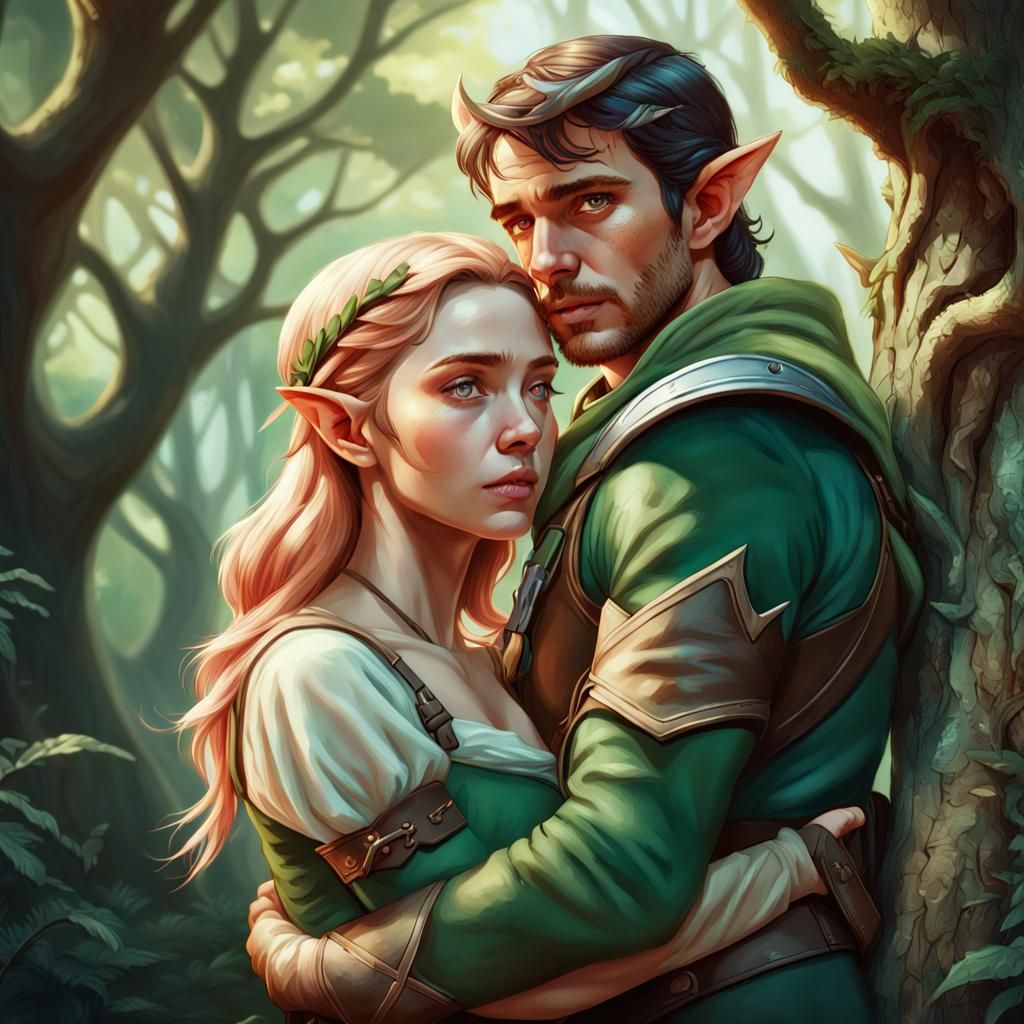 Ranger and Elf Cuddle in Hyperrealistic Forest Art