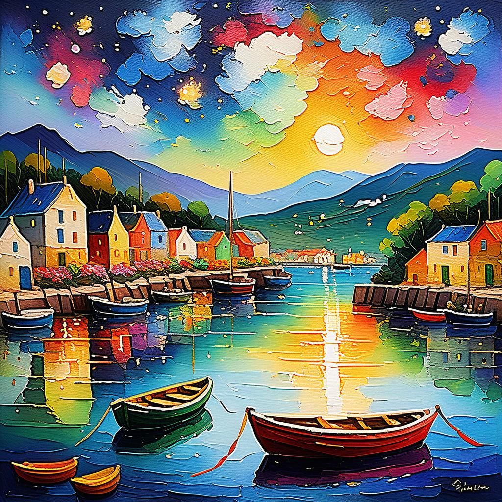 Colorful Village Harbor at Night as Impasto Painting