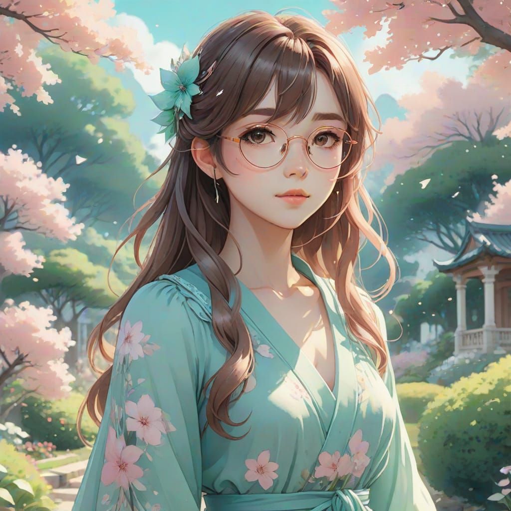 Serenely Inspired Anime Girl in Vibrant Pastel Garden