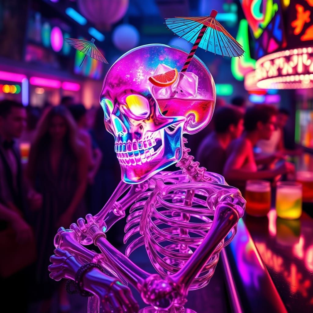 Crystal Skeleton Contemplates Cocktail in Neon Bar
