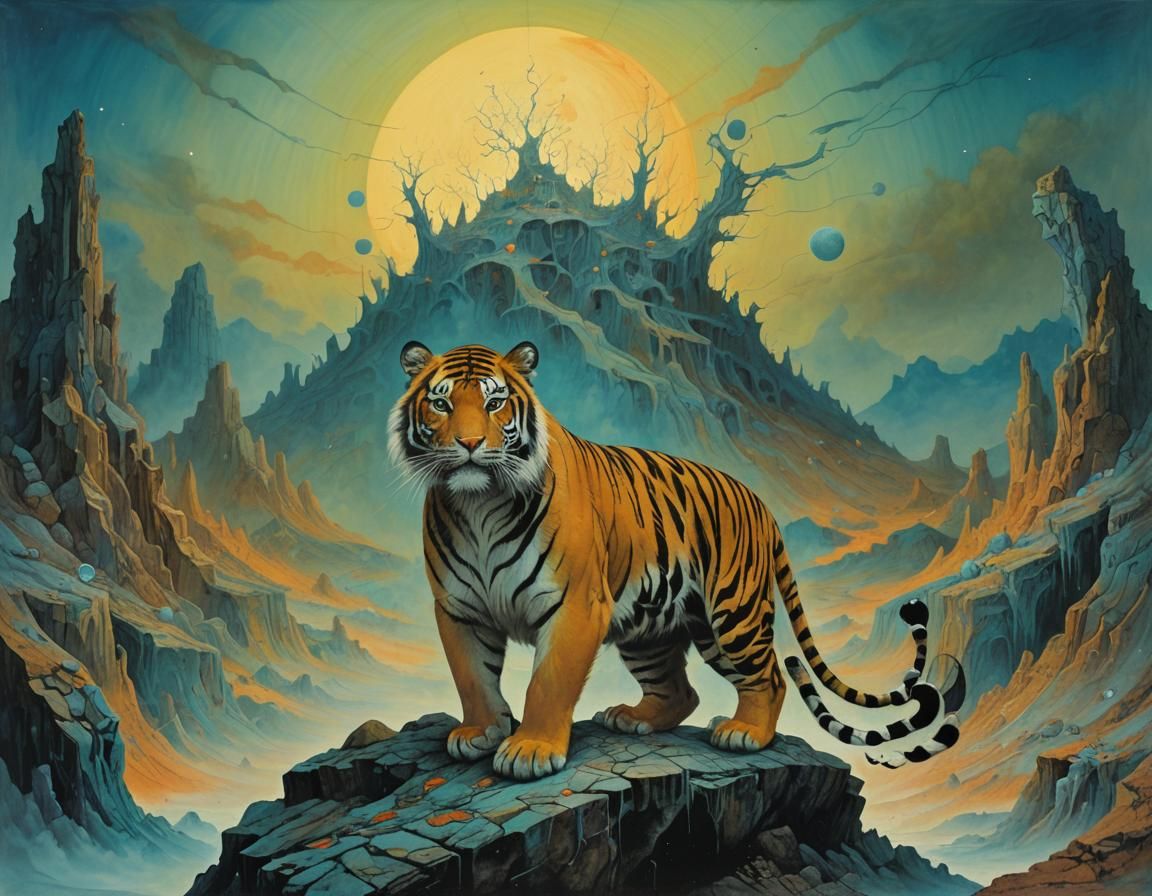 Vibrant Tiger Emerges in Surreal Gouache Dreamscape