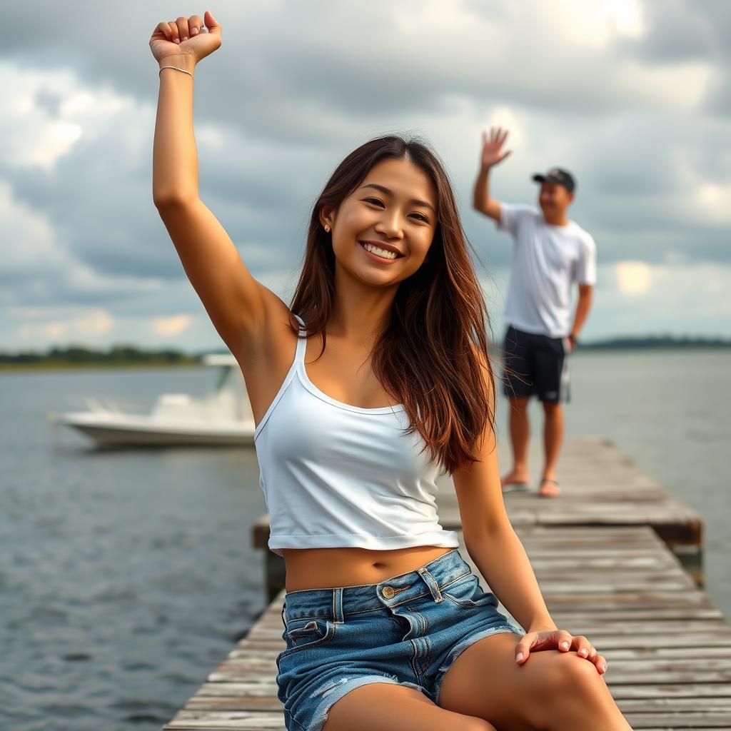 Smiling Woman on Dock Waving Arm