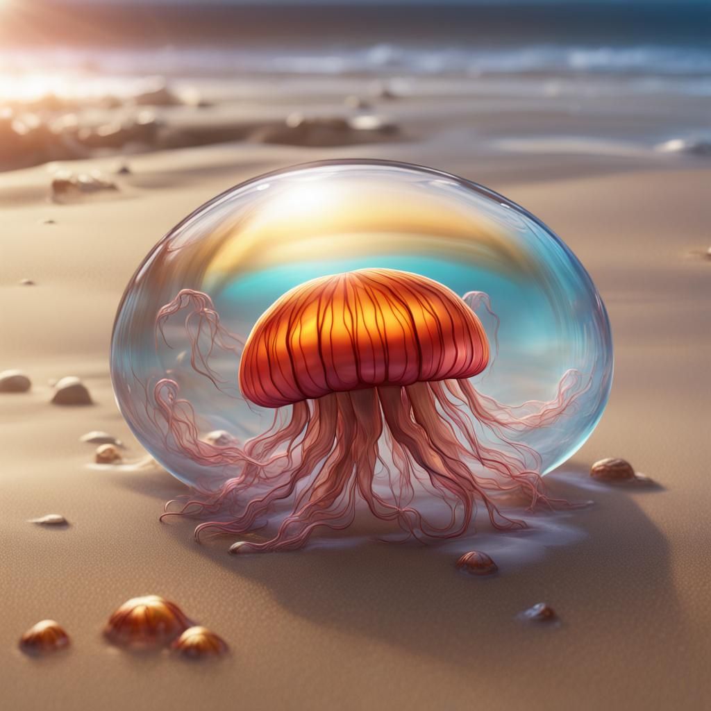 Glass Jellyfish on Sandy Beach in 24K Resolution
