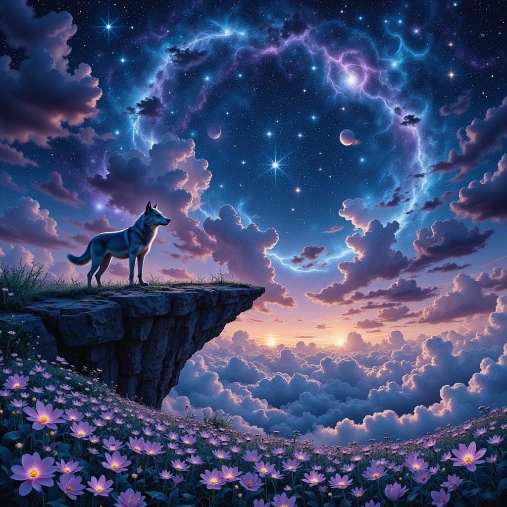 Lone Wolf Under Starry Sky with Bioluminescent Flowers