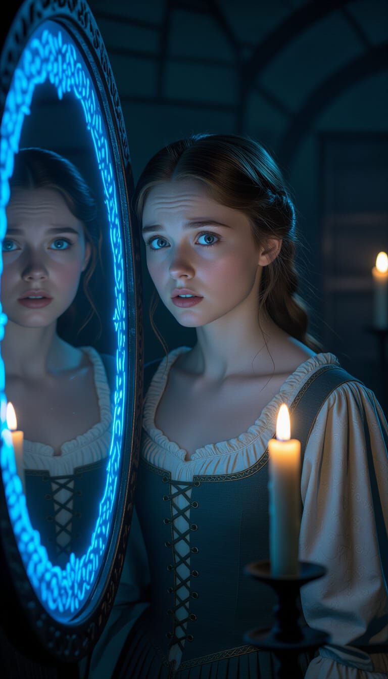 Medieval Servant's Fear Before Mystical Glowing Mirror