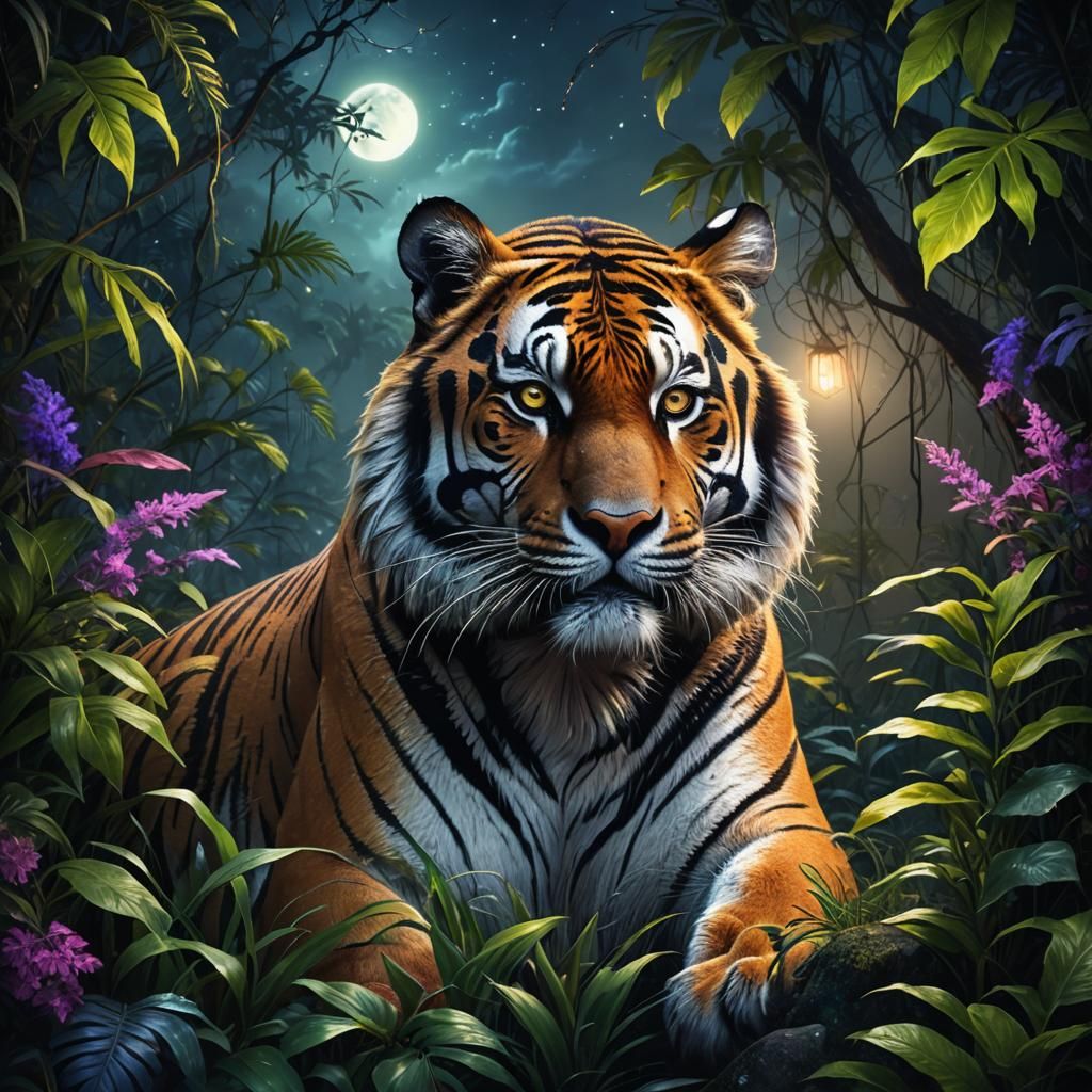 Majestic Tiger in Jungle Night: Fantasy Concept Art