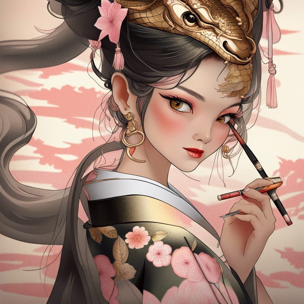 Japanese Woman Cooking Sushi with Dragon Kimono