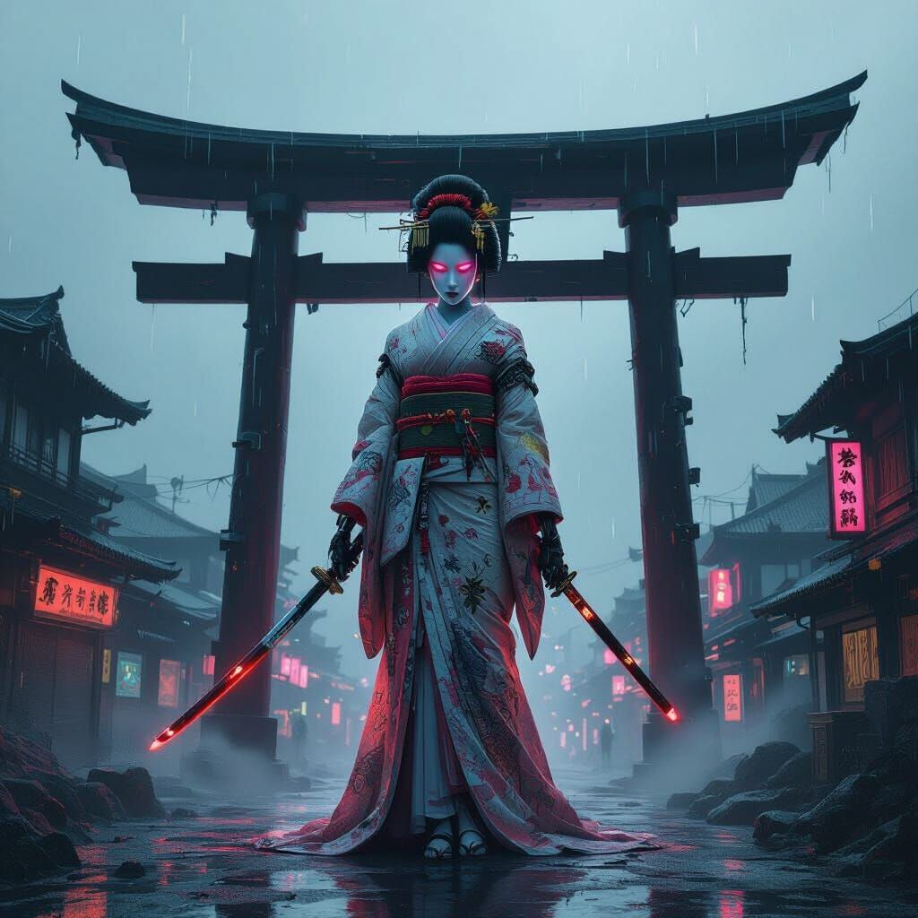 Cyberpunk Geisha on Ancient Torii Gate