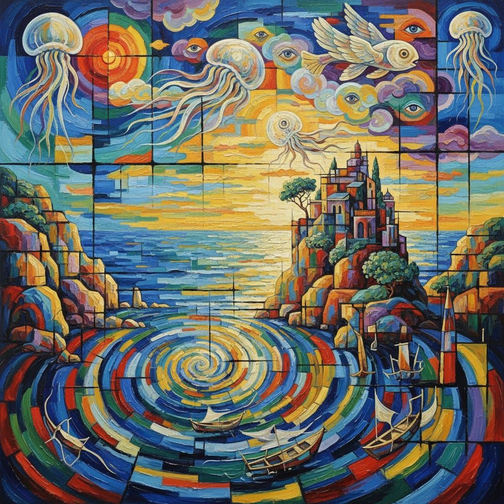 Surreal Mediterranean Coast Abstract Oil Painting