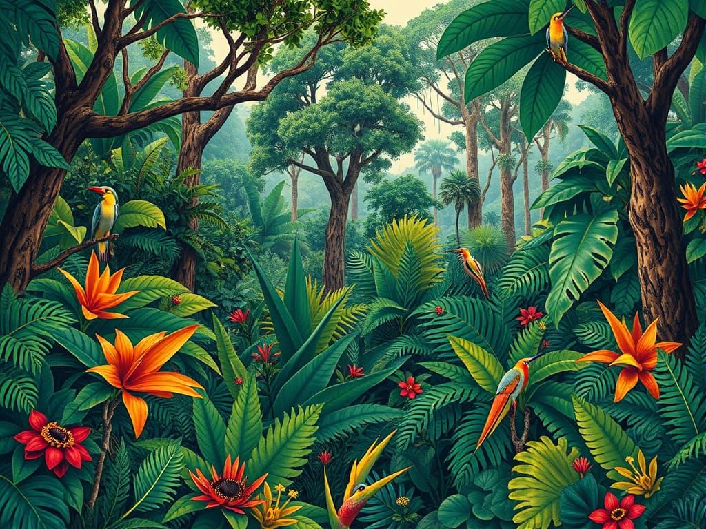 Vibrant Jungle Scene in Naive Style