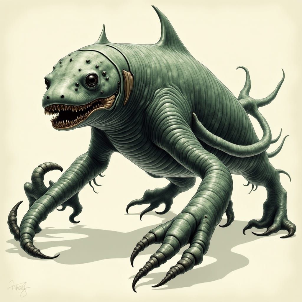 <lora:DeepSee 2p0:1.0> Not quite a quadruped, but not quite upright. These things that look kind of like meaty wings are...