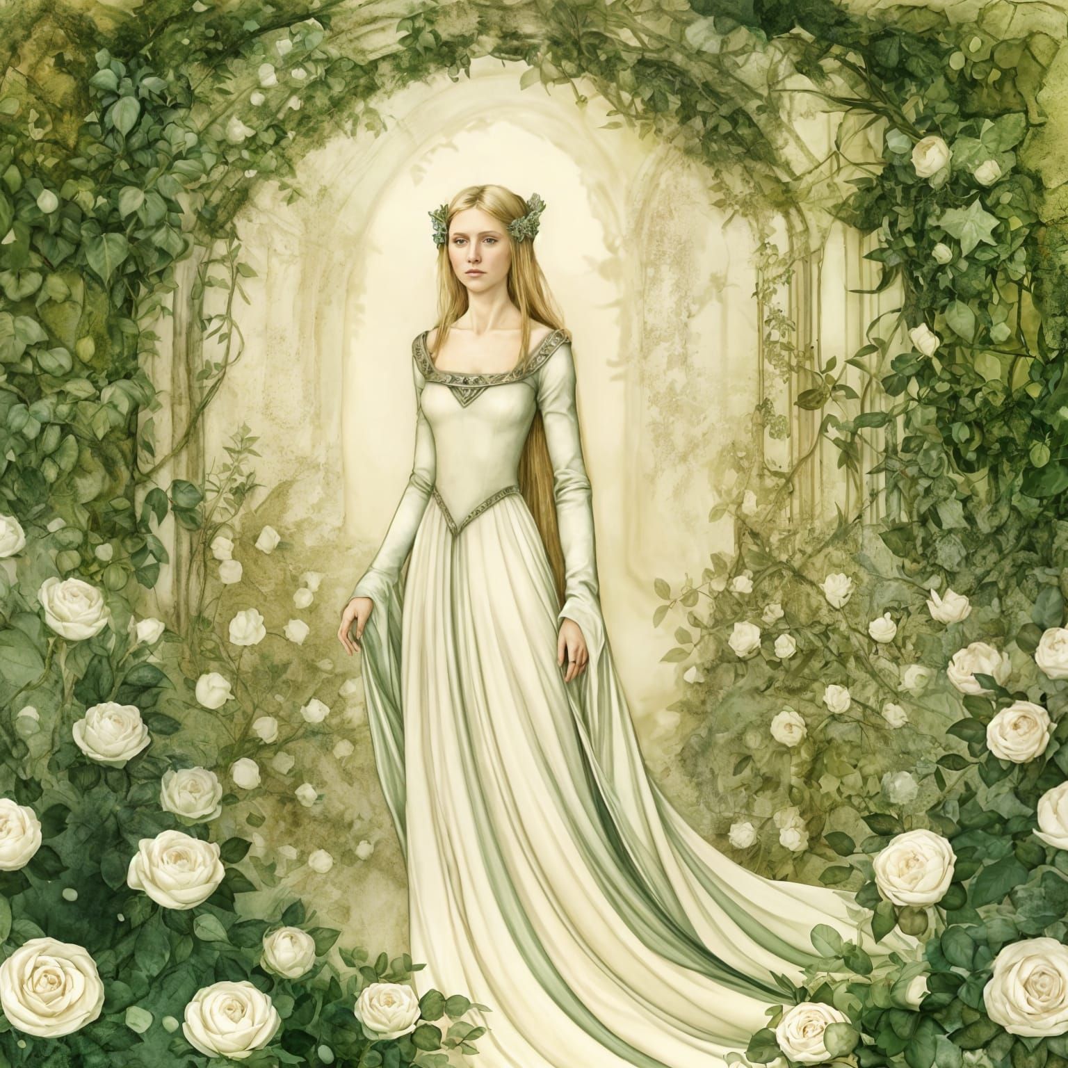 Medieval Maiden in White Rose Garden