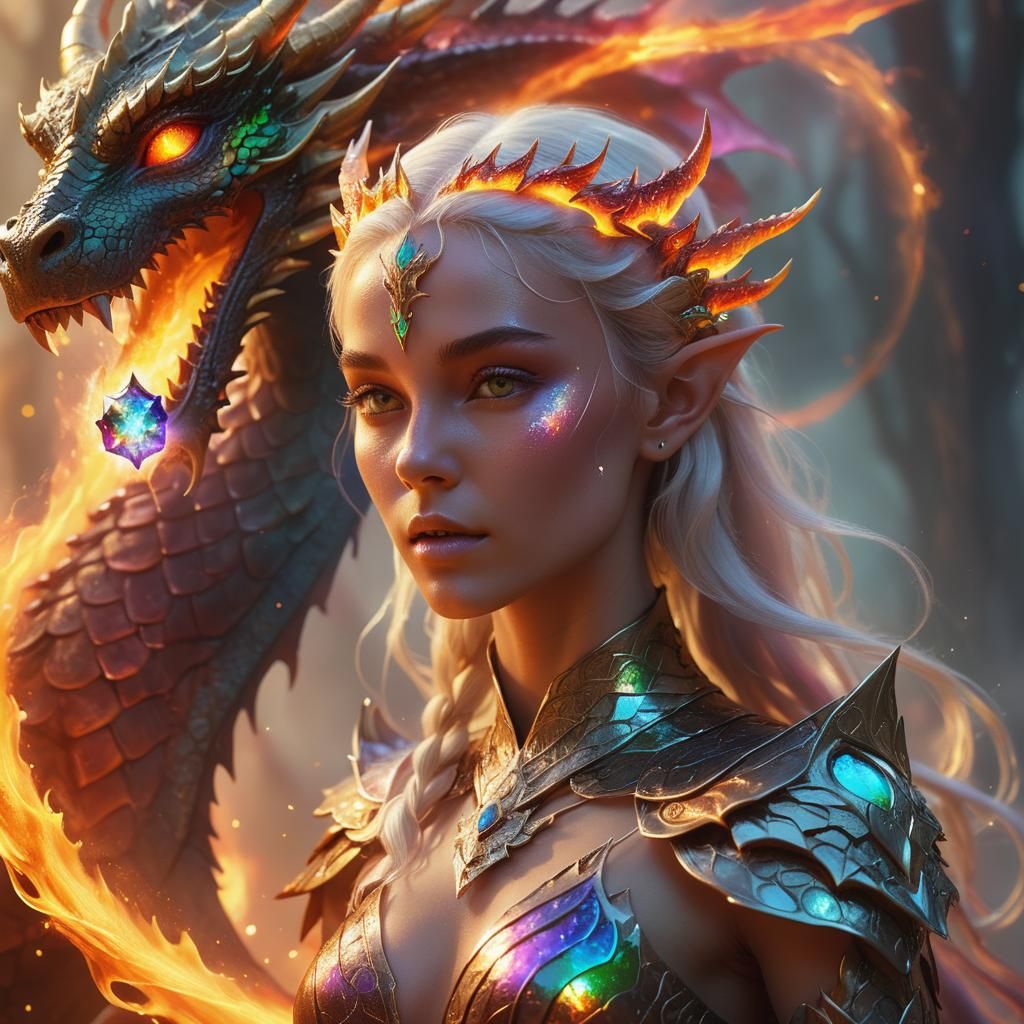 Dragon Princess with Bioluminescent Gemstone, Surreal Concep...