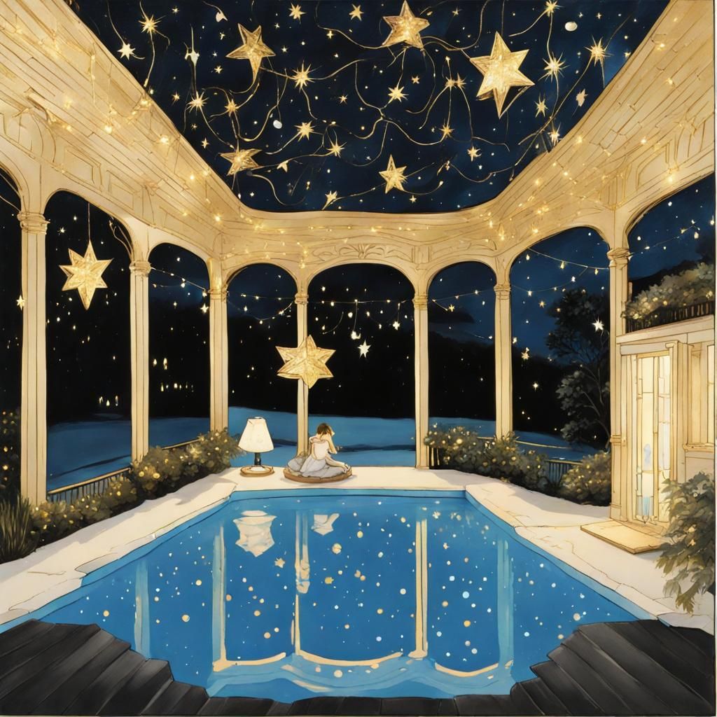 Friends by a Starry Swimming Pool