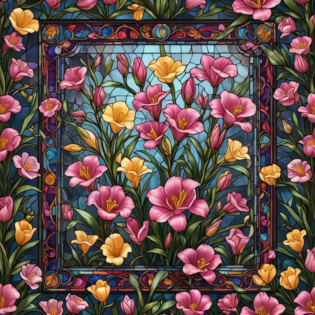Freesia Flower in Stained Glass, Detailed Matte Painting