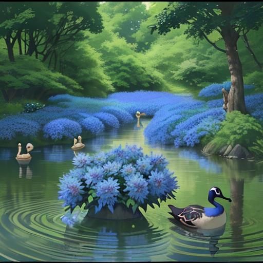 Enchanting Duck Pond Scene in Cornflower Blue