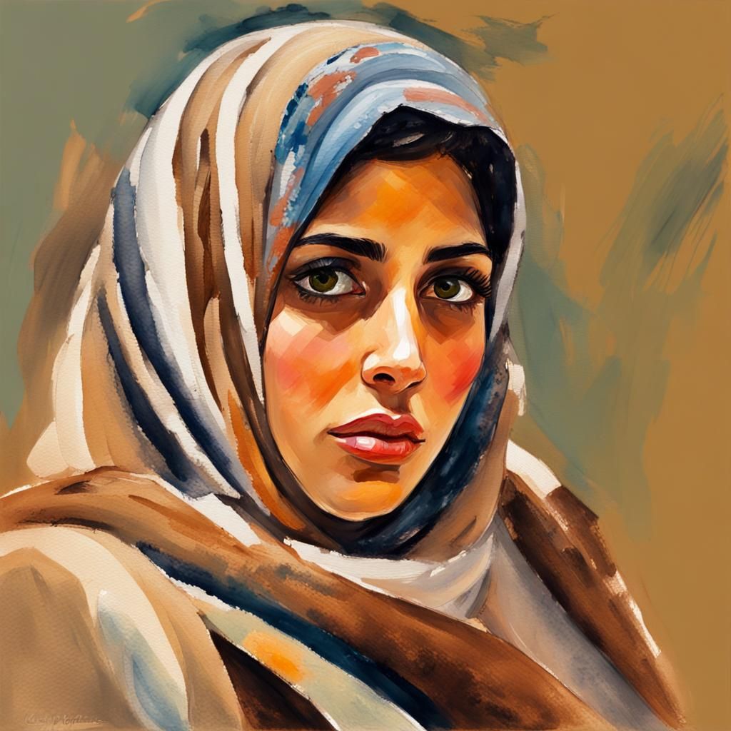 Arabic Woman in Gouache Style Impressionist Painting