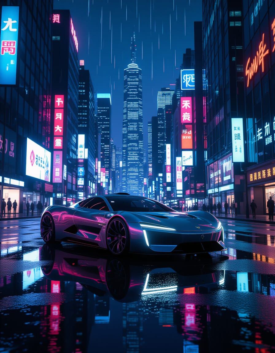 Chrome Hypercar in Neon Metropolis at Midnight