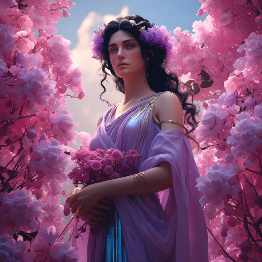 Beautiful Greek Woman with Flowers: Detailed Digital Art