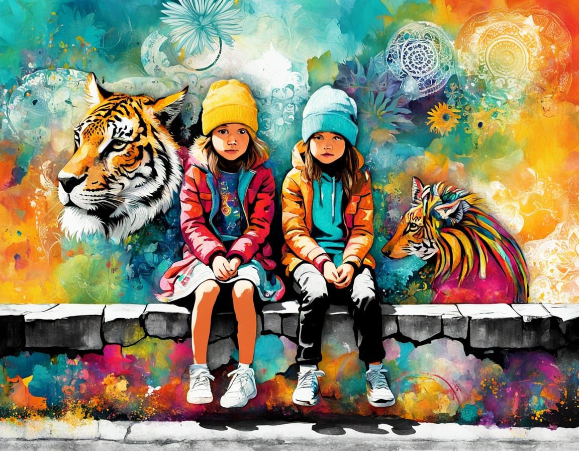 Children and Mixed Media Animal Art on Wall