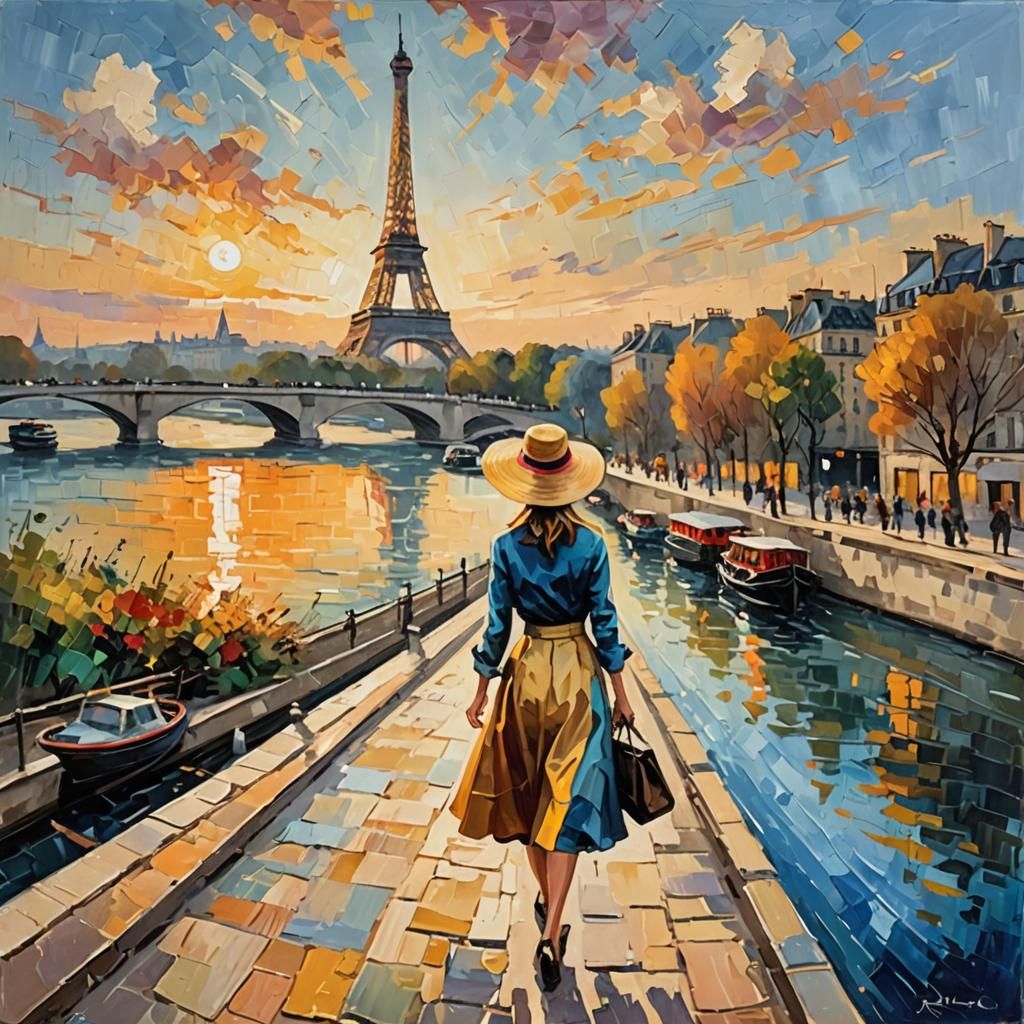 Eiffel Tower Impressionist Oil Painting of Woman
