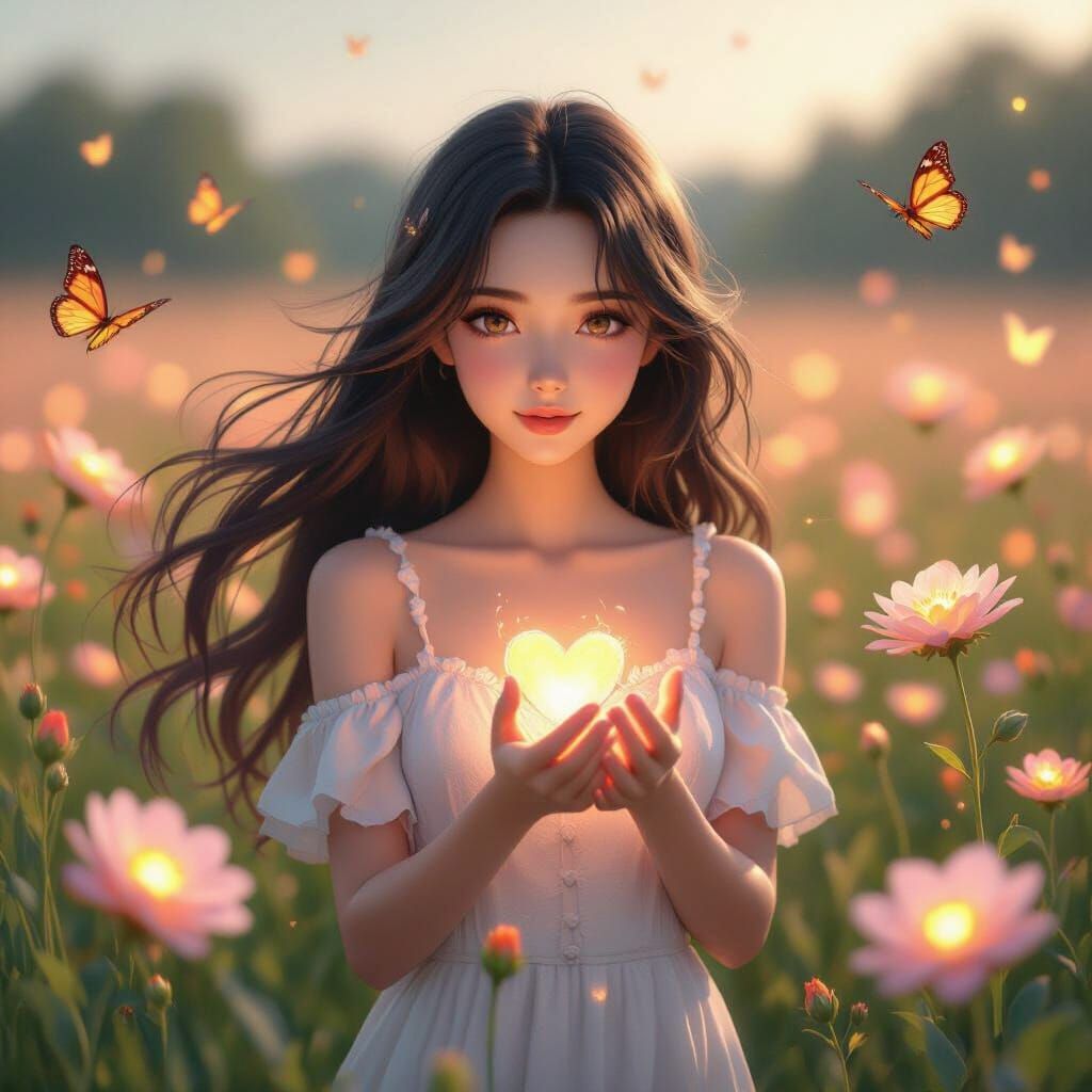 Anime Woman in Glowing Flower Field