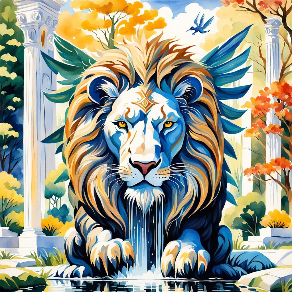 Winged Lion in Roman Garden: Gouache Watercolor Painting