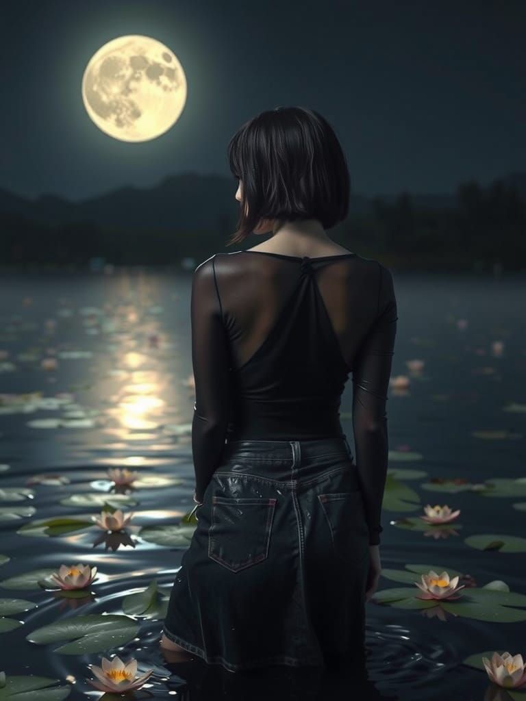 Thai Woman Bathes Under Full Moonlight