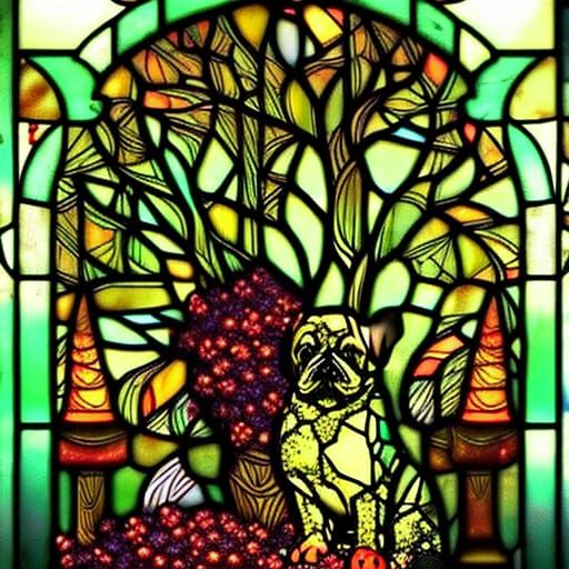 Dog in Flowered Tree: Gothic Art Nouveau Illustration