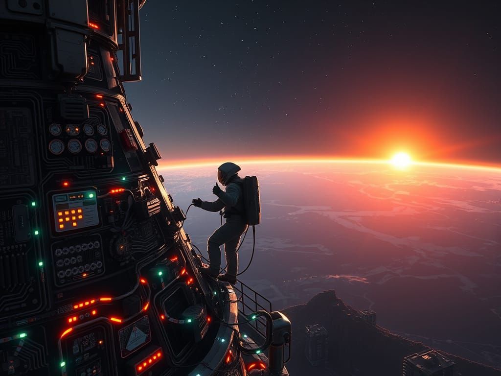 Astronaut on Fantastical Space Station Amidst Gas Giant Suns...