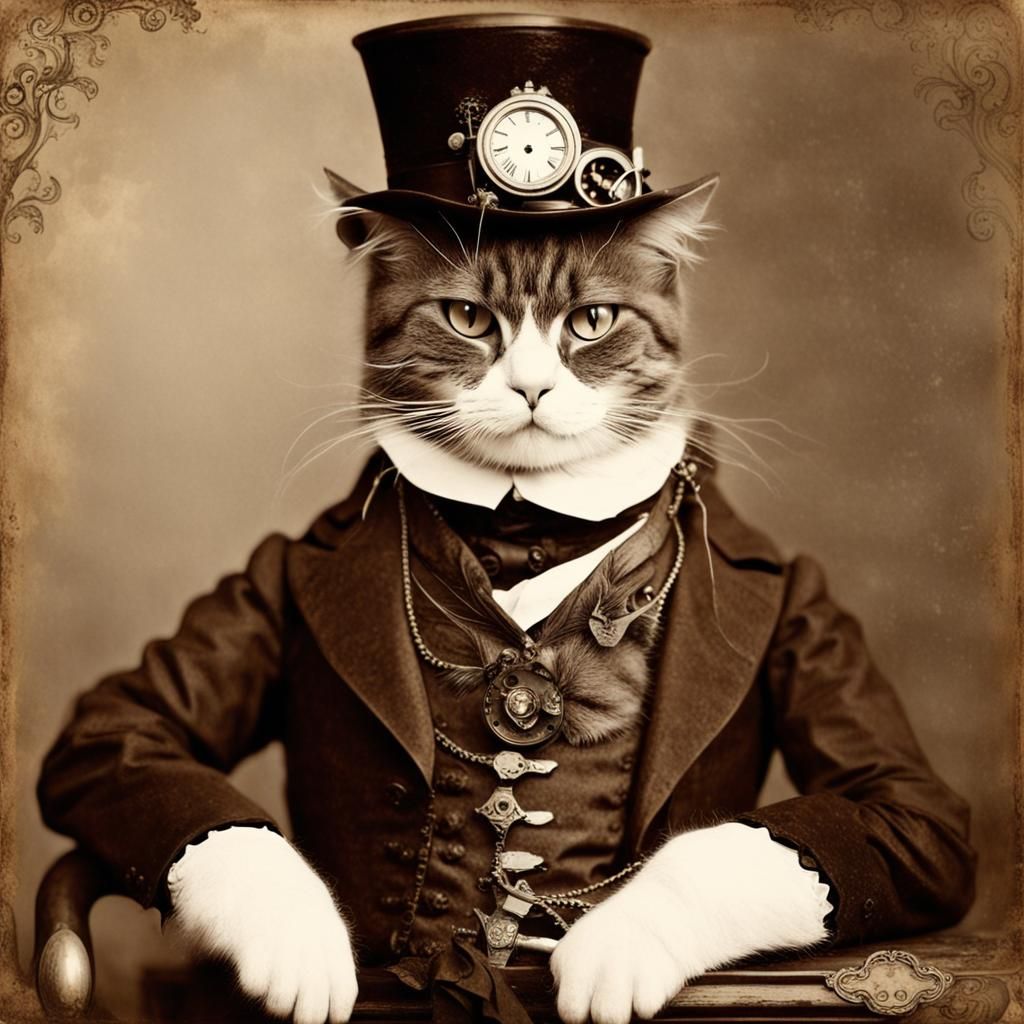 Grumpy Victorian Cat in Steampunk Style