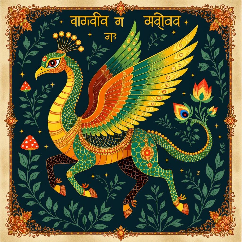 Bioluminescent Serpent-Bird Hybrid in Warli Art Style