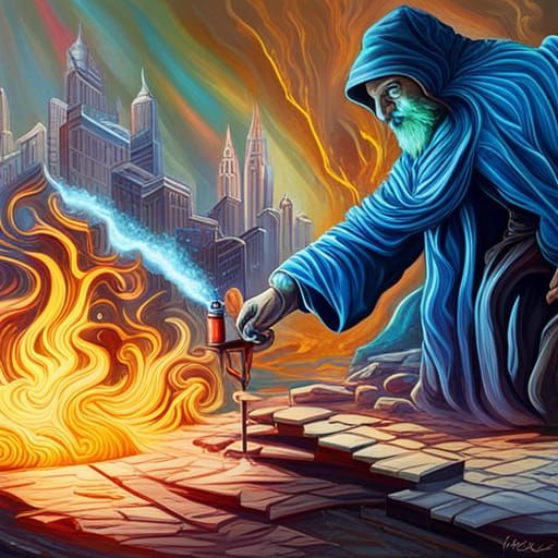 Epic Wizard vs Warlock Battle in Graffiti Art Style