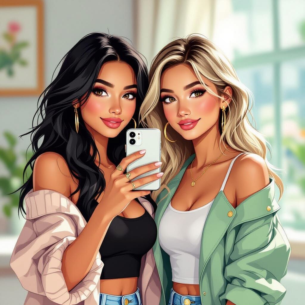 Best Friends Taking a Selfie in Modern Illustration Style