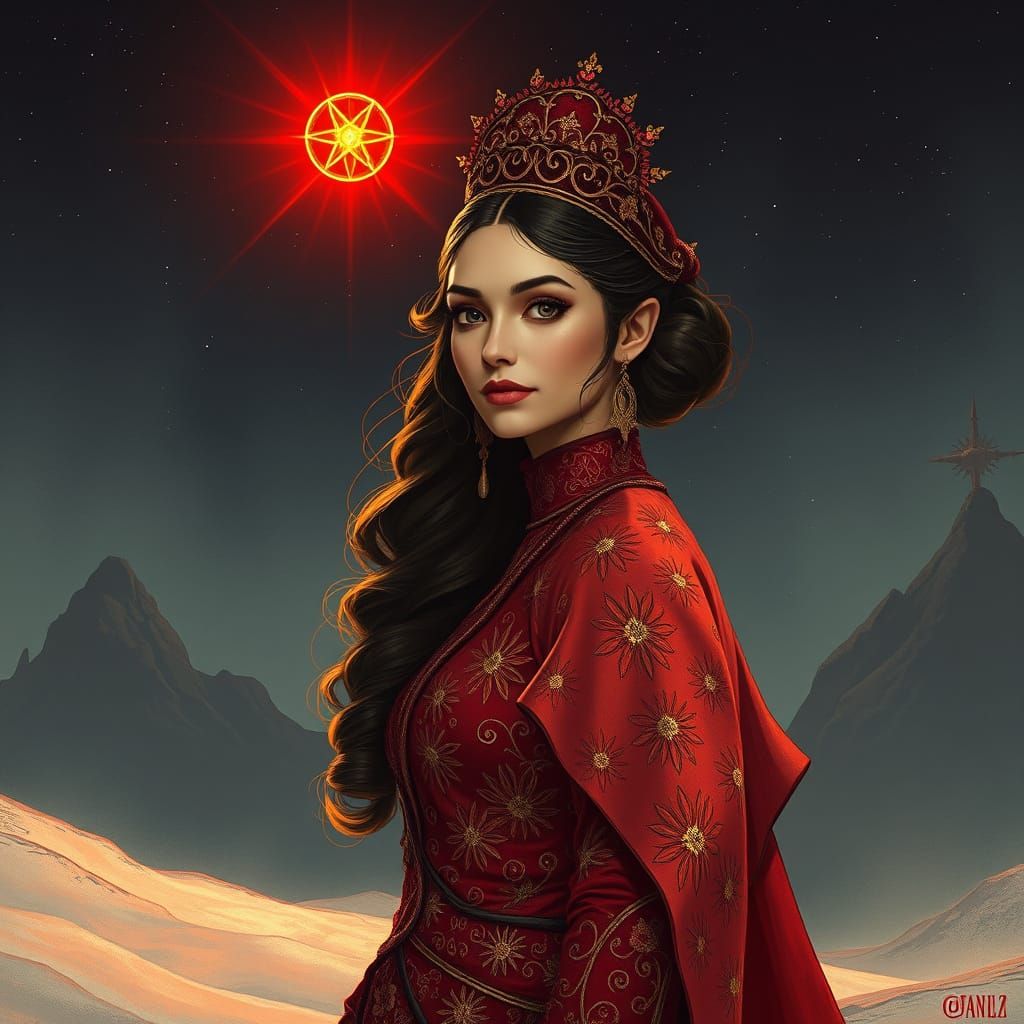 Regal Woman in Crimson Attire Before Red Dwarf Star
