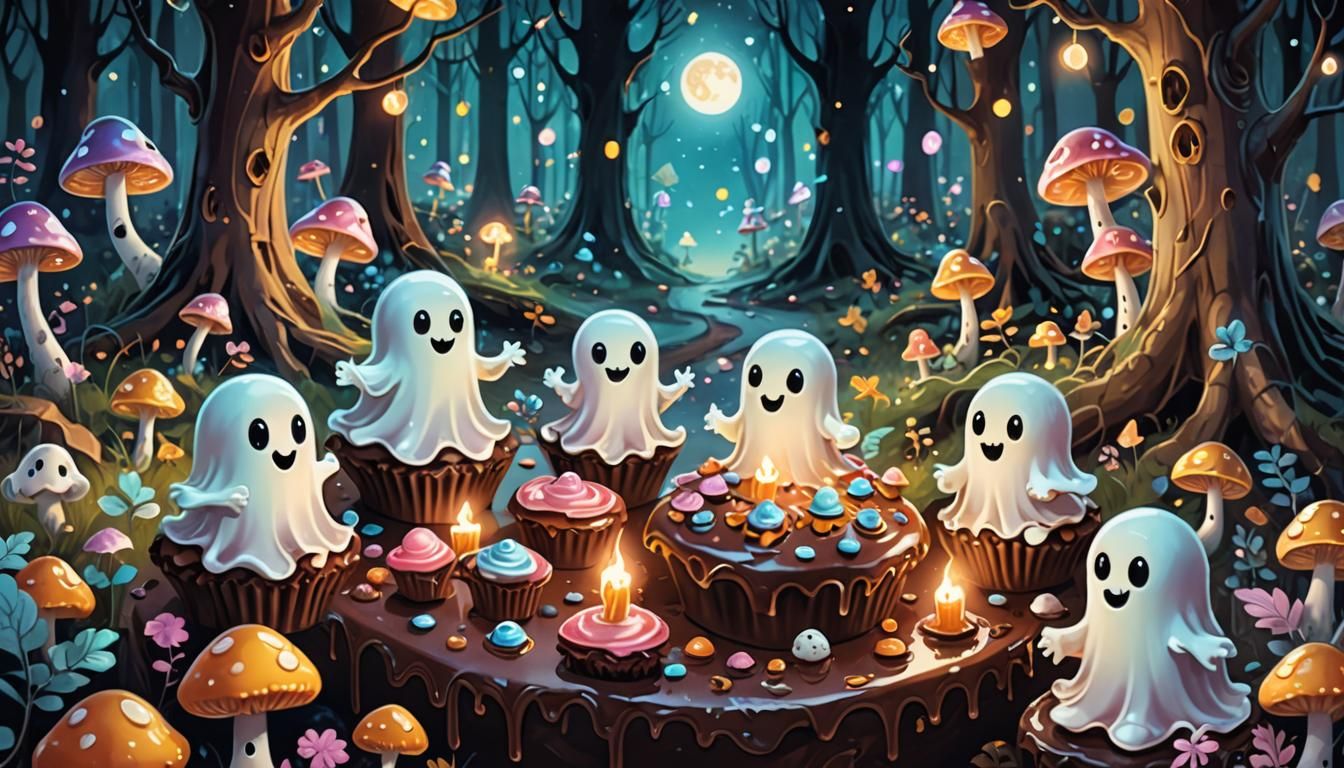 Little Ghosts Enjoying Chocolate in Moonlit Forest