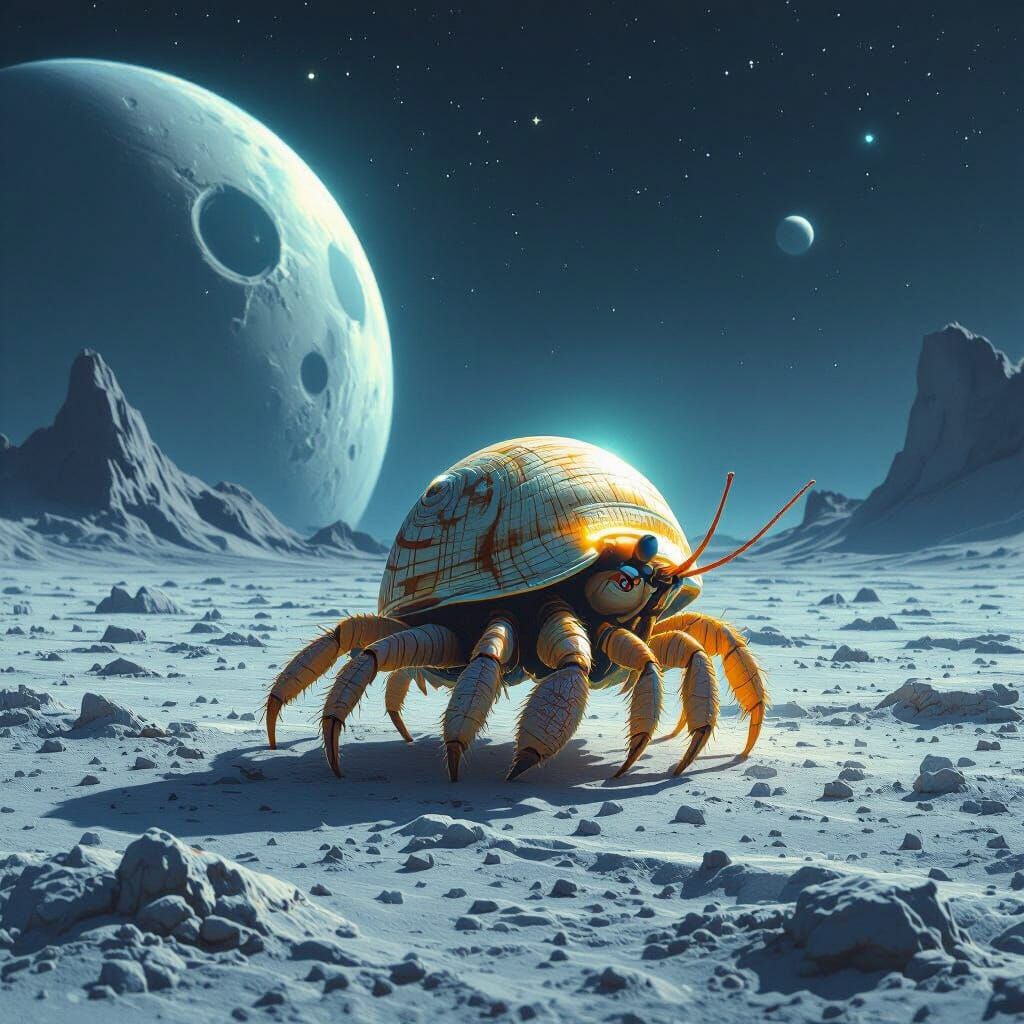 Bioluminescent Crab on Alien Moon in Retro-Futuristic Style