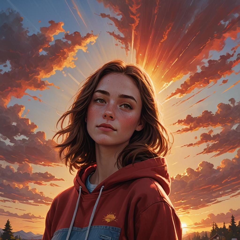 Girl with Freckles in Sunset, as Oil Painting