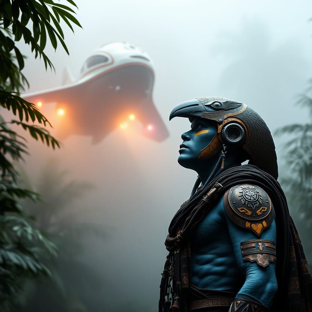 Aztec Man in Cyberpunk Style with Spaceship