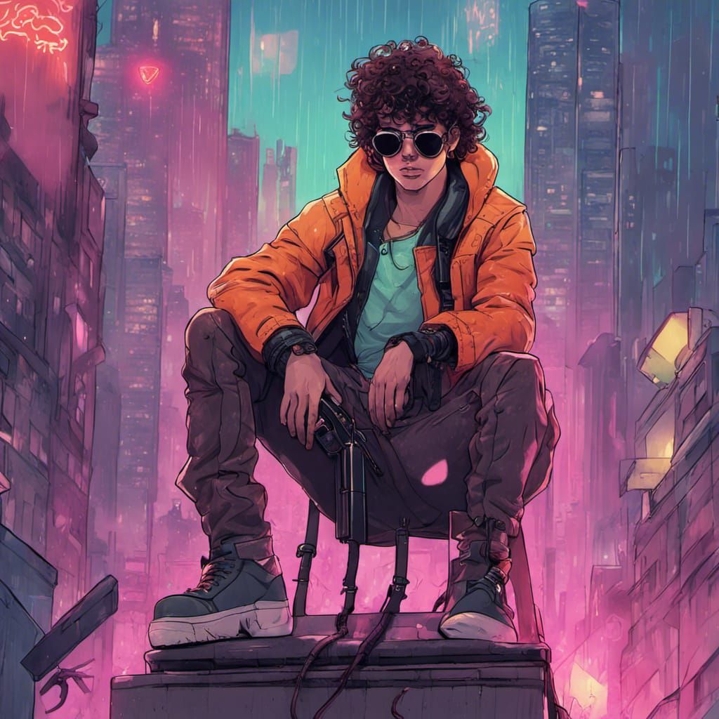 Boy with Cat in Rainy Synthwave Cityscape