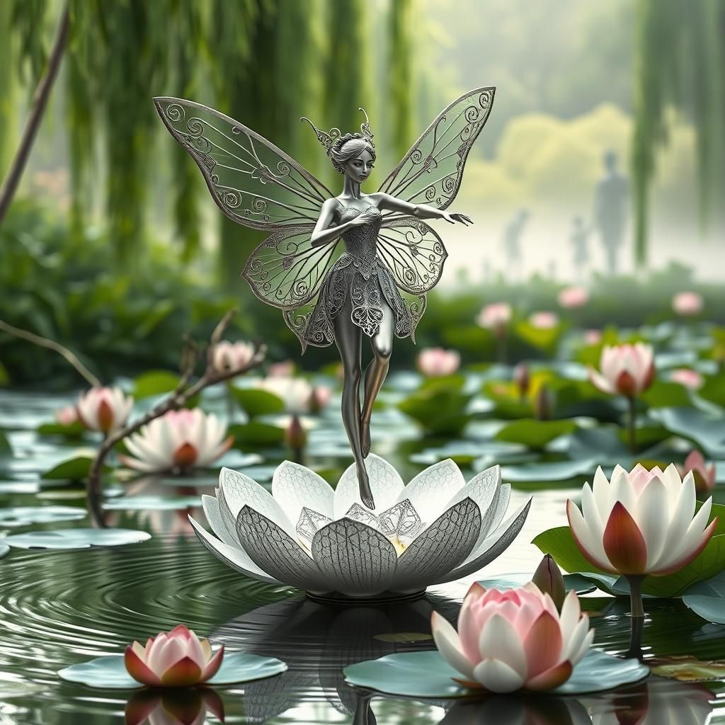 Silver Fairy Sculpture on Lotus Flower