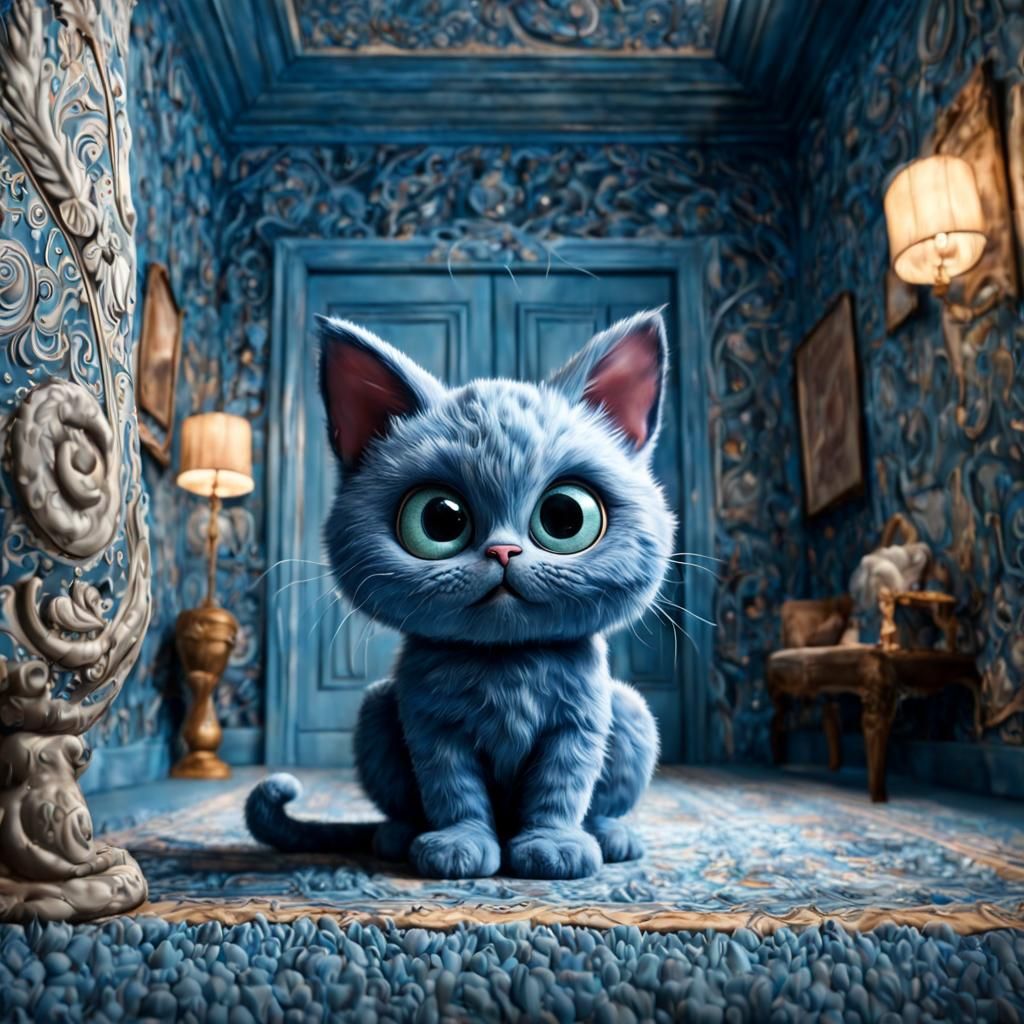 Fuzzy Blue Cat Peeking in Kitty Paradise