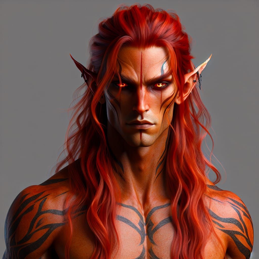 Demonic Warrior with Fiery Red Hair and Orange Eyes