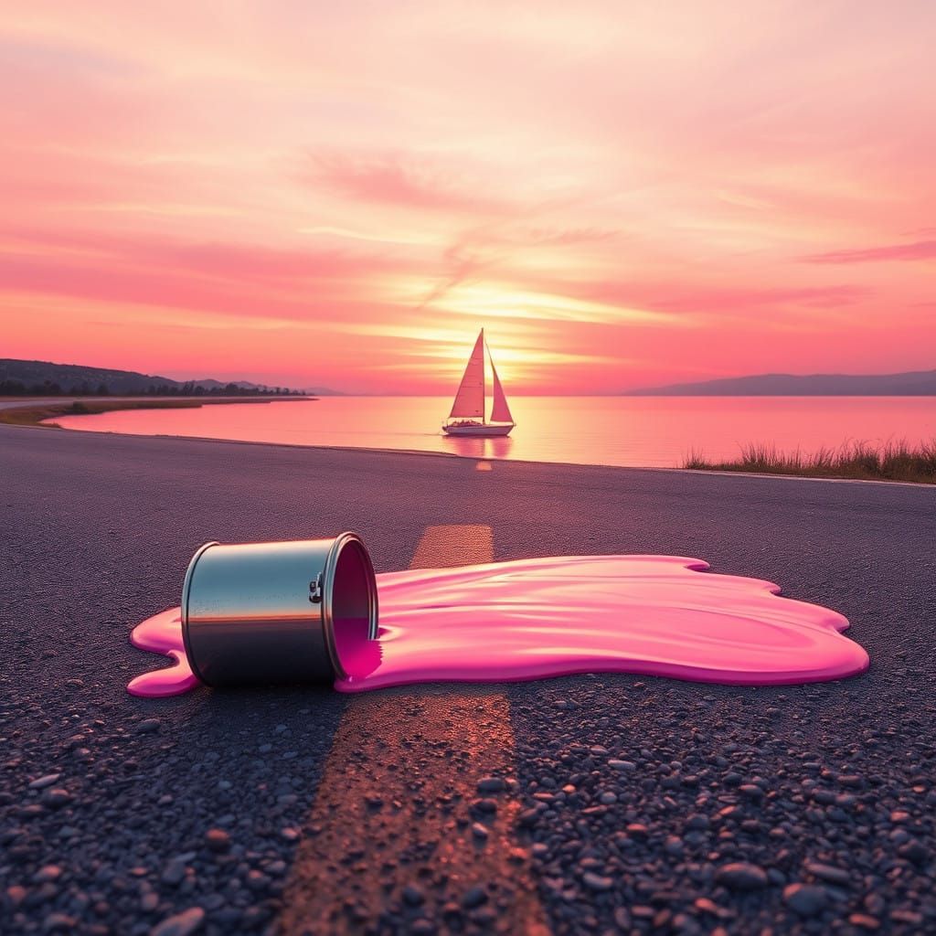 Surreal Pink Sailboat Sails on Sunset Lake in Impressionist...