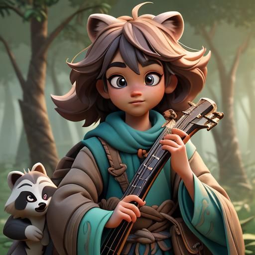 Raccoon Bard in Ancient Forest, Disney-Inspired Art