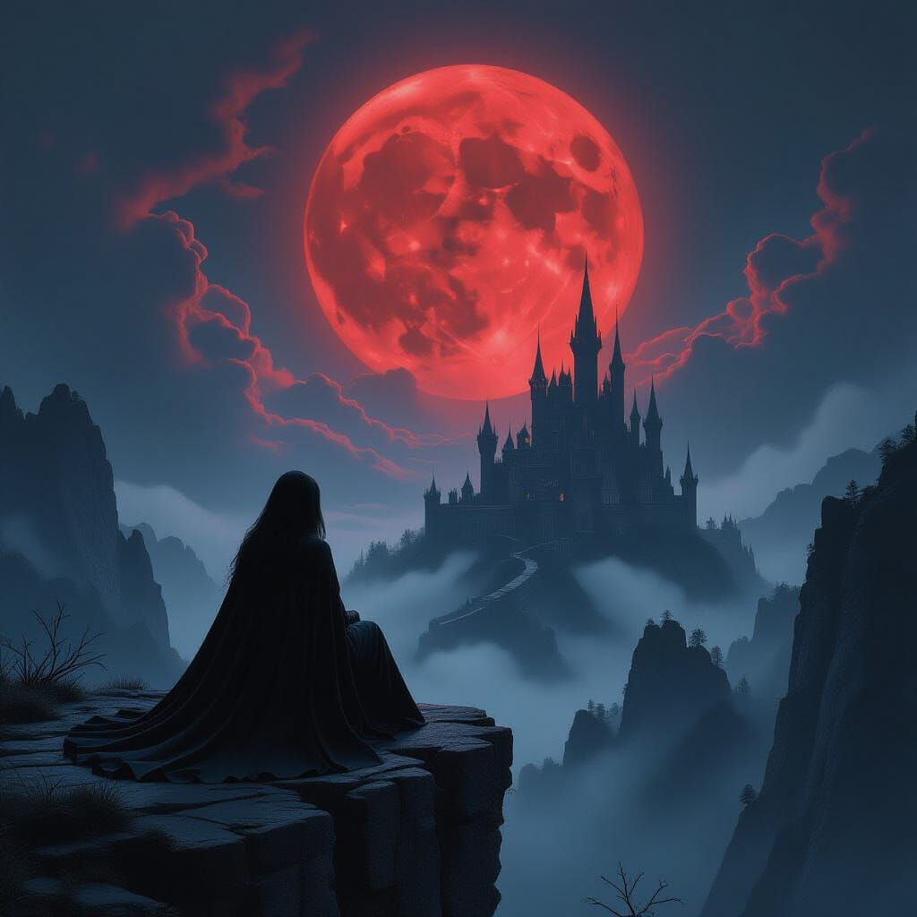 Girl in Dark Cape Gazes at Gothic Castle Under Red Moon